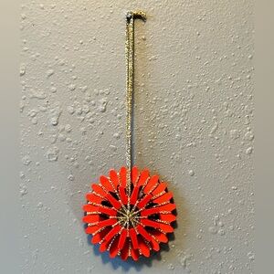 Vintage hanging Red and gold ceramic snowflake ornament gold fabric hanger